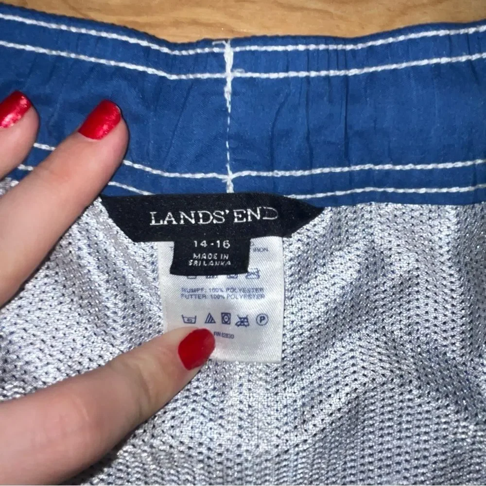Lands' End Blue & Green Striped Swimsuit Board Shorts